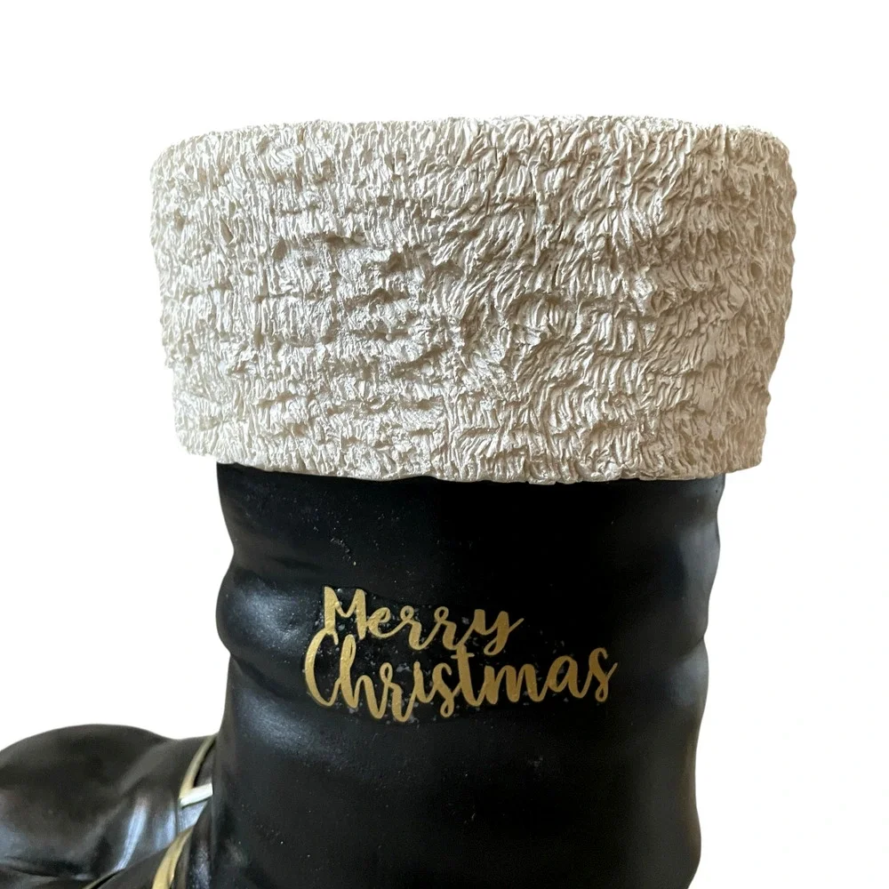 Santa Boots MERRY CHRISTMAS Container Planter Holiday Black Gold White Holiday
